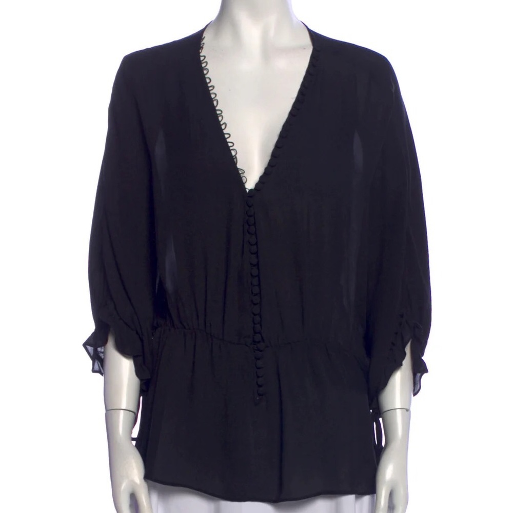 Elizabeth and James Black Button-Front V-Neck Blouse